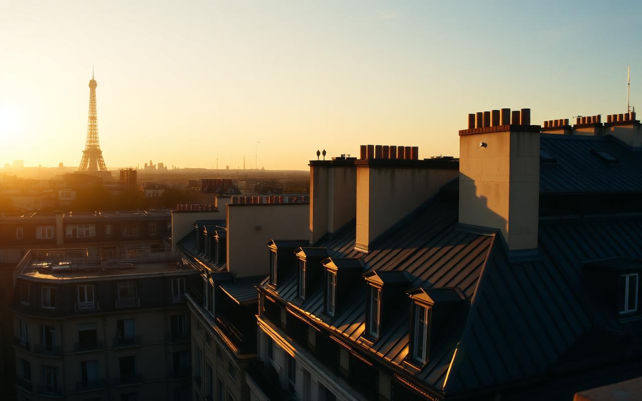 Vue sur les toits parisiens et la Tour Eiffel au coucher du soleil